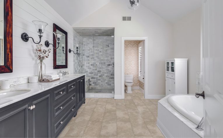 luxury vinyl tile in farmhouse style bathroom